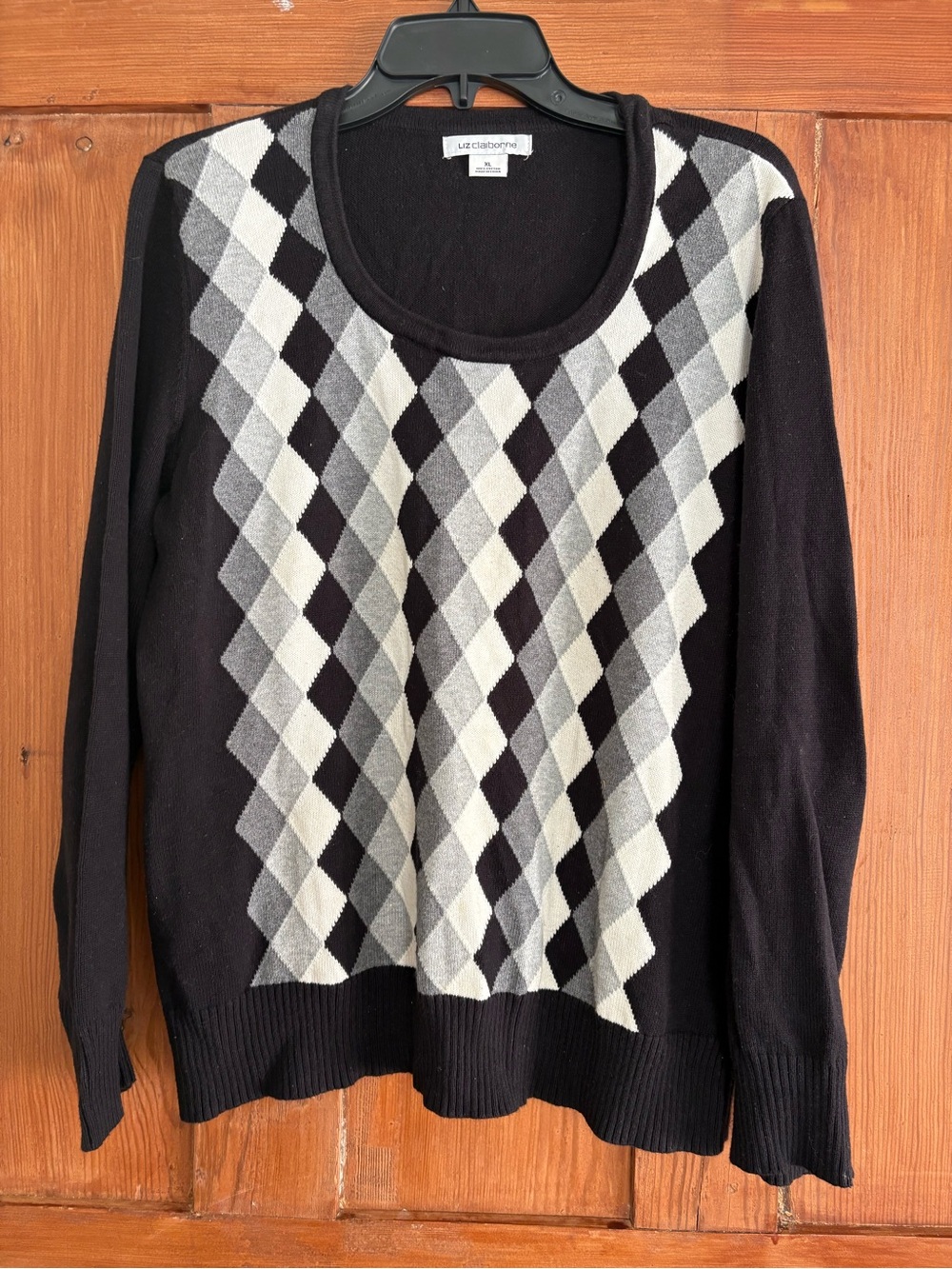 Liz Claiborne Black Gray White Argyle Cotton Pullover Sweater XL